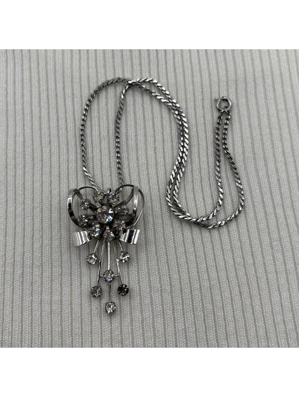 Vintage Rhinestone Bow Brooch Pendant Necklace Silver Ton